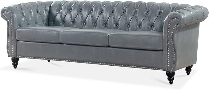 3-Seaters Living Room Clasic Chesterfield Sofa Couch Button Tufted PU Leather Upholstered Sofa&Couch with Luxury Roller Armrest Soild Wood Legs Movable Cushions & Nailhead Decor - LeafyLoom
