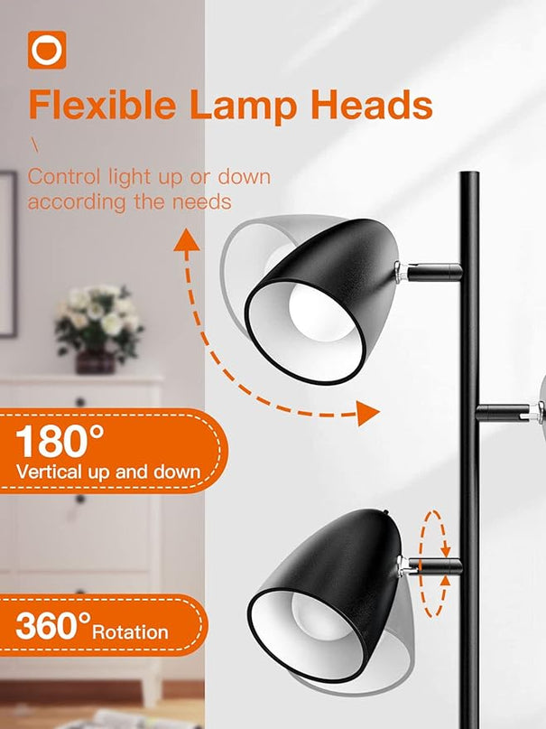 addlon Tree Floor Lamp with 3 Adjustable Rotating Lights and Matching LED Bulbs, Standing Tall Pole Lamps for Living Room, Bedroom, Home, Office - Black - LeafyLoom