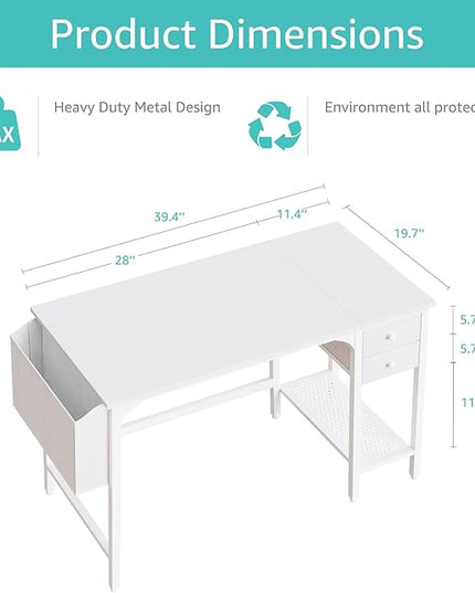 Lufeiya White Small Desk with Drawers - 40 Inch Computer Desk for Small Space Home Office, Modern Simple Study Writing Table PC Desks - LeafyLoom