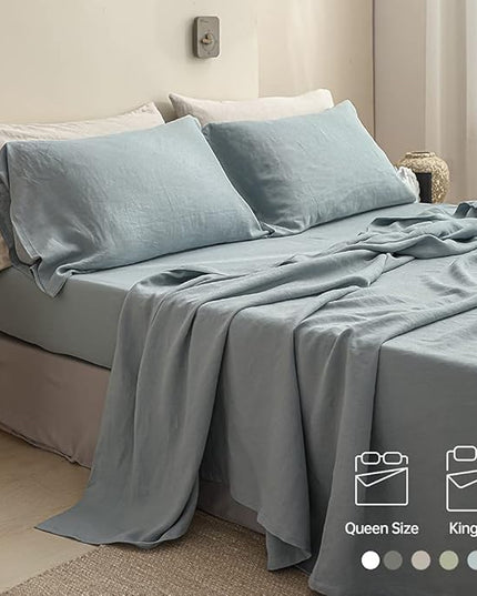 Simple&Opulence 100% Linen Sheet Set Solid Color-4 Pcs Washed French Linen Bed Sheets(1 Flat Sheet,1 Fitted Sheet,2 Pillowcases)-Breathable Bedding Set (Dusty Blue, King) - LeafyLoom