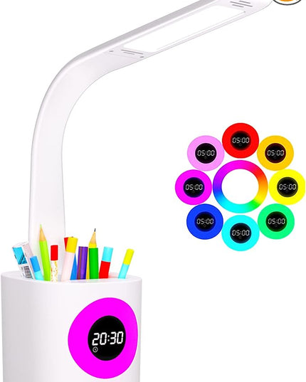 YOUKOYI LED Desk Lamp with Clock, Kids Desk Lamp, 10W Dimmable Study Lamp with Pen Holder, 4 Lighting Modes&5 Brightness Level with Color Changing Nightlight, Desk Lamps for Home Office, Gift for Kids - LeafyLoom