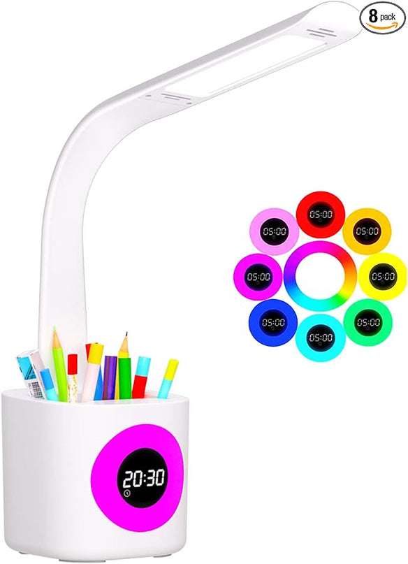 YOUKOYI LED Desk Lamp with Clock, Kids Desk Lamp, 10W Dimmable Study Lamp with Pen Holder, 4 Lighting Modes&5 Brightness Level with Color Changing Nightlight, Desk Lamps for Home Office, Gift for Kids - LeafyLoom