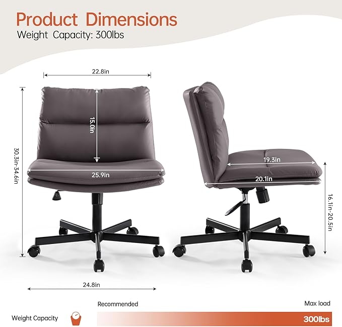 EMIAH Armless Office Desk Chairs with Wheels Criss Cross Chair PU-Leather Mid-Back Ergonomic Home Office Computer Chair Comfortable Thickened Cushion Adjustable Swivel Chair-Chocolate Brown - LeafyLoom