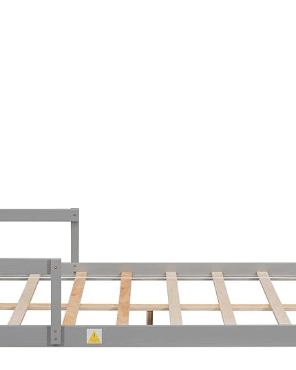 Bellemave Full Size Bed Frame for Kids,Low Platform Bed with House-Shaped Headboard and Handrails,Full Bed for Girls,No Box Spring Needed(Grey) - LeafyLoom
