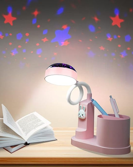 Pink Kids Desk Lamp with Pen holder, Rabbit cute LED Desk/Table Lamp with Dimmable Natrue Light, USB rechargeable and Funny projector, Small Bedside lamp, LED lamp for girls Bedrooms - LeafyLoom