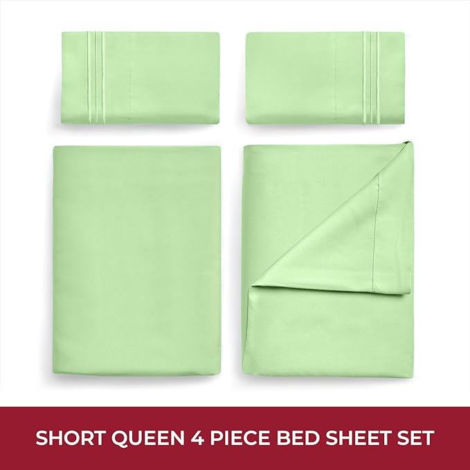 Mellanni RV Short Queen Sheets - 4 PC Iconic Collection Bedding Sheets & Pillowcases - Hotel Luxury, Extra Soft, Cooling Bed Sheets - Deep Pocket up to 10 inch (RV/Short Queen, Pistachio) - LeafyLoom