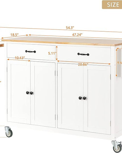 Solid Wood Top, Mobile Carts with Storage Cabinet, Rolling Kitchen Table w/Spice, Towel Rack, and Drawer, Portable Islands on Wheels, White, 54.33 Inch - LeafyLoom