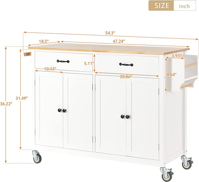 Solid Wood Top, Mobile Carts with Storage Cabinet, Rolling Kitchen Table w/Spice, Towel Rack, and Drawer, Portable Islands on Wheels, White, 54.33 Inch - LeafyLoom