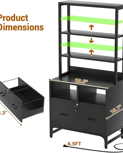 Homieasy File Cabinet with Charging Station, Vertical Filing Cabinet with Lock & Large Drawer, Printer Stand with Storage Shelves, Office Storage Cabinet fits Letter/A4/Legal Size, Black - LeafyLoom