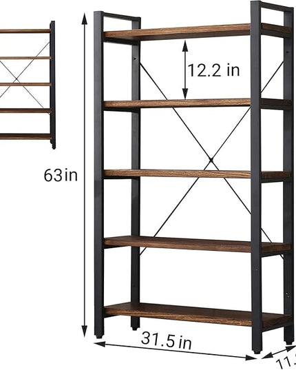 5 Tier Bookcase, Solid Rustic Industrial Etagere Bookcase, Metal and Wood Free Vintage Bookshelf, Retro Brown (Real Wood) (5-Tier) - LeafyLoom