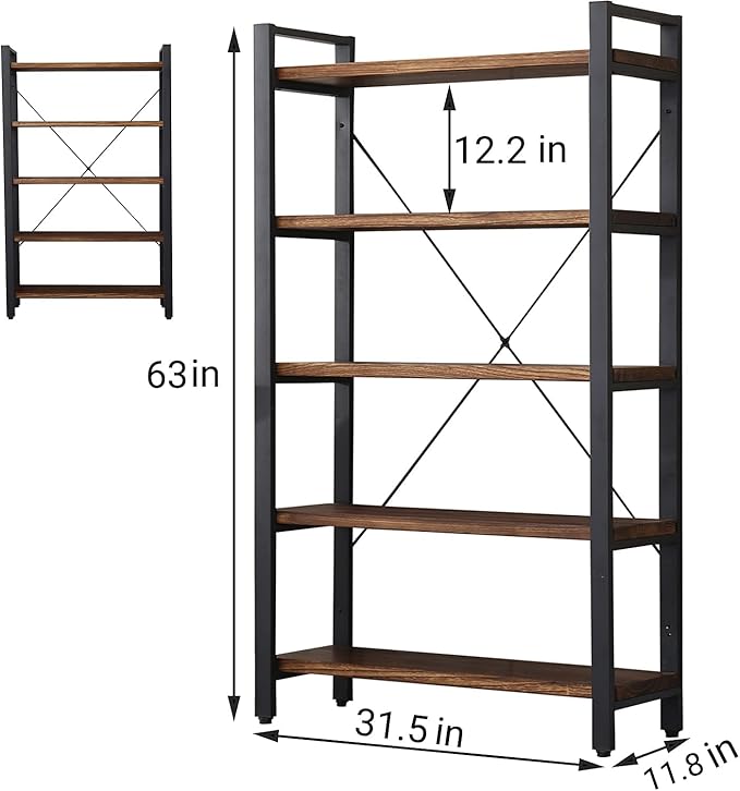 5 Tier Bookcase, Solid Rustic Industrial Etagere Bookcase, Metal and Wood Free Vintage Bookshelf, Retro Brown (Real Wood) (5-Tier) - LeafyLoom