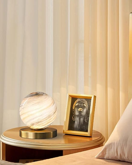 Bedside Table Lamp Gold Desk Lamp Reading Lamp with Handblown Glass Globe Shade, Plug in Table Desk Lamp for Bedroom Office Library Study Room (Moon Shade) - LeafyLoom