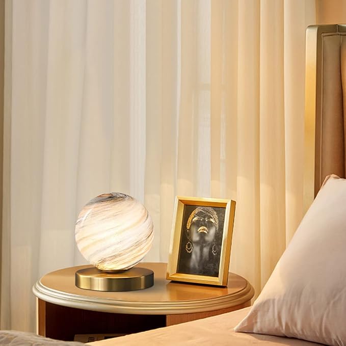 Bedside Table Lamp Gold Desk Lamp Reading Lamp with Handblown Glass Globe Shade, Plug in Table Desk Lamp for Bedroom Office Library Study Room (Moon Shade) - LeafyLoom
