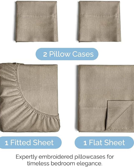 Full Size 4 Piece Sheet Set - Comfy Breathable & Cooling Sheets - Hotel Luxury Bed Sheets for Women & Men - Deep Pockets, Easy-Fit, Soft & Wrinkle Free Sheets - Heathered Beige Oeko-Tex Bed Sheet Set - LeafyLoom