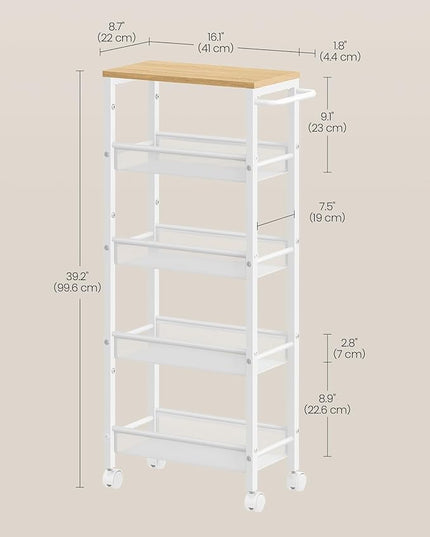 VASAGLE Slim Rolling Cart, 5-Tier Storage Cart, Narrow Cart with Handle, 8.7 Inches Deep, Metal Frame, for Kitchen, Dining Room, Living Room, Home Office, Oak Beige and White ULRC035W09 - LeafyLoom