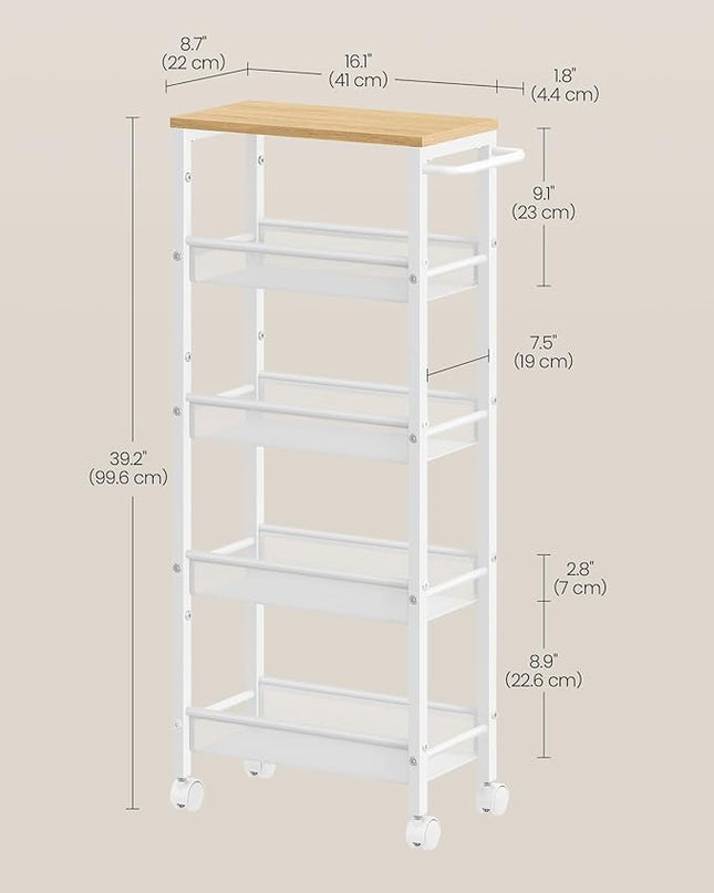 VASAGLE Slim Rolling Cart, 5-Tier Storage Cart, Narrow Cart with Handle, 8.7 Inches Deep, Metal Frame, for Kitchen, Dining Room, Living Room, Home Office, Oak Beige and White ULRC035W09 - LeafyLoom