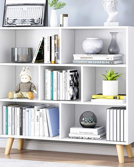 IOTXY Wooden Open Shelf Bookcase - 3-Tier Floorstanding Display Cabinet Rack with Legs, 7 Cubes Free Standing Bookshelf, Warm White - LeafyLoom