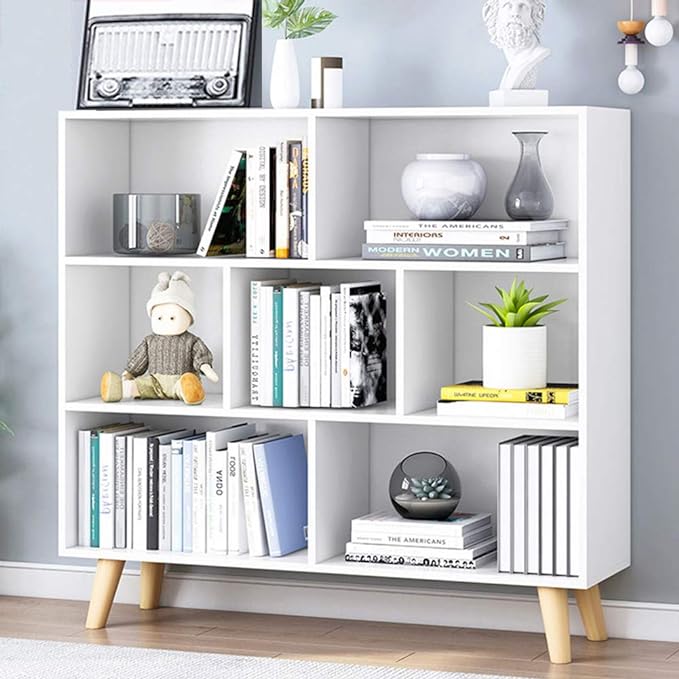 IOTXY Wooden Open Shelf Bookcase - 3-Tier Floorstanding Display Cabinet Rack with Legs, 7 Cubes Free Standing Bookshelf, Warm White - LeafyLoom