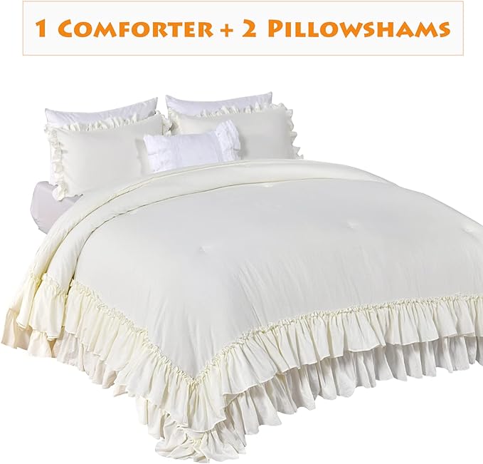 Shabby King Size Comforter Set, Farmhouse Ivory Bedding Ruffled Comforter Set King,Lightweight Vintage Rustic Bedding 3 Pcs (1 Shabby Comforter and 2 Pillowcases) - LeafyLoom