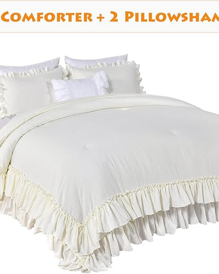 Ivory Ruffled Comforters Queen Size,Farmhouse Shabby Boho Chic Comforter Set,French Country Microfiber Inner Fill Ivory Bedding 3PCS(1 Ruffle Comforter and 2 Pillowcases) - LeafyLoom