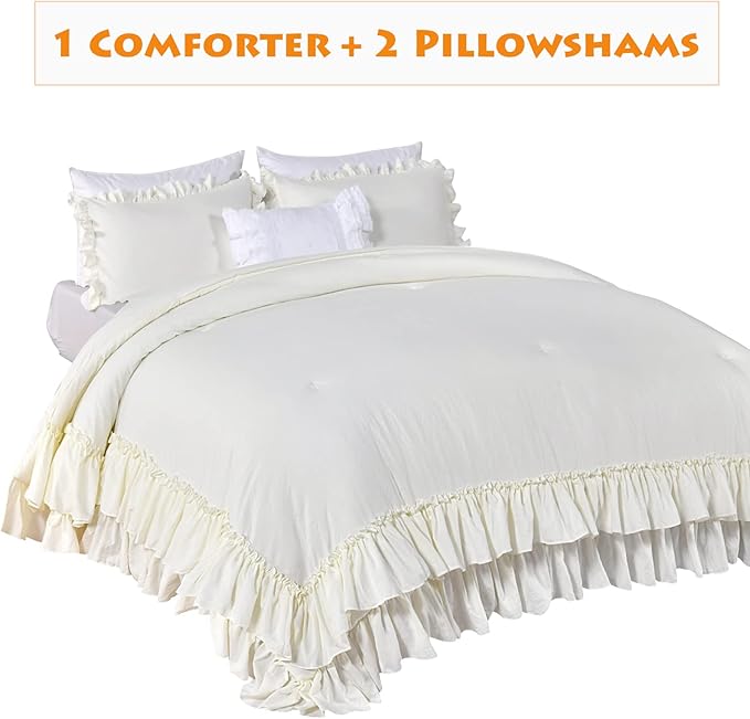 Ivory Ruffled Comforters Queen Size,Farmhouse Shabby Boho Chic Comforter Set,French Country Microfiber Inner Fill Ivory Bedding 3PCS(1 Ruffle Comforter and 2 Pillowcases) - LeafyLoom
