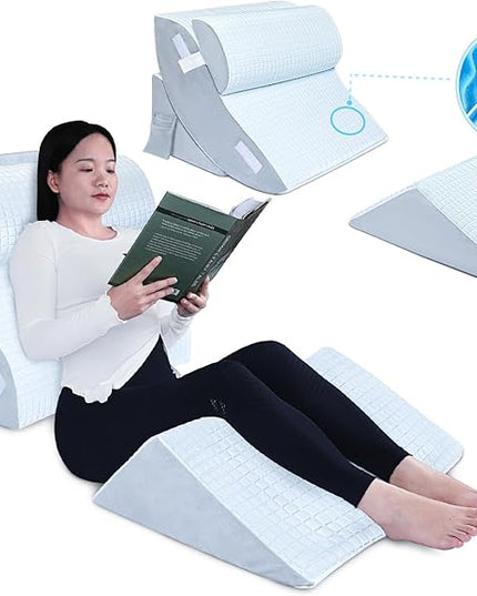 SAHEYER 4pcs Orthopedic Bed Wedge Pillow Set, Post Surgery Memory Foam for Back, Neck and Leg Pain Relief, Gel Memory Foam Pillow for Heartburn, Anti Snoring, Acid Reflux & GERD Sleeping - LeafyLoom