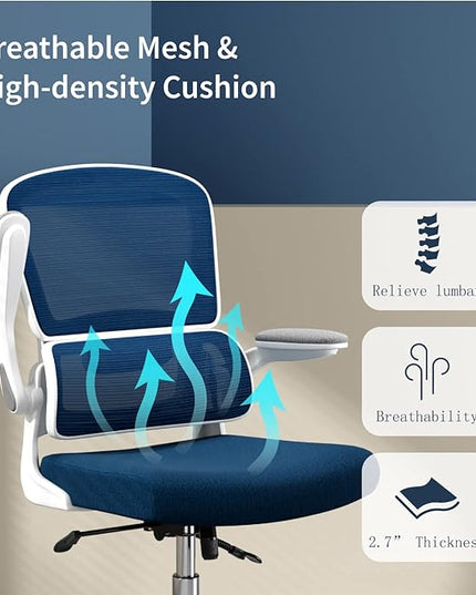 Ergonomic Office Chair, Desk Chair with Flip-up Arms, 2D Lumbar Support, Breathable Mesh Computer Chair with Thick Cushion, Comfortable Office Chair with 90°-130° Tilt Function - LeafyLoom