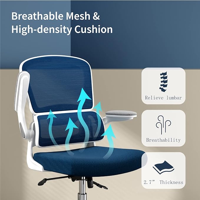 Ergonomic Office Chair, Desk Chair with Flip-up Arms, 2D Lumbar Support, Breathable Mesh Computer Chair with Thick Cushion, Comfortable Office Chair with 90°-130° Tilt Function - LeafyLoom