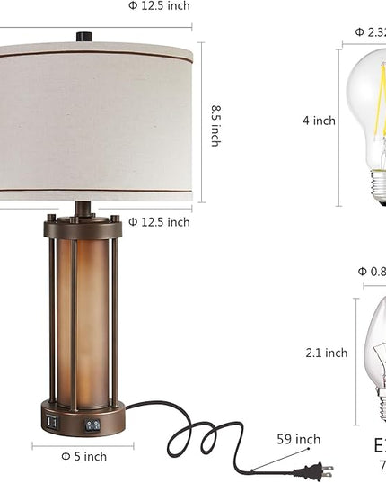 Set of 2 Farmhouse Table Lamps for Living Room with 2 USB Ports, Vintage Rustic Nightstand Lamps with Amber Glass Nightlight, Retro Desk Lamps for Bedroom Entryway, 4 Bulbs Included (Brown) - LeafyLoom