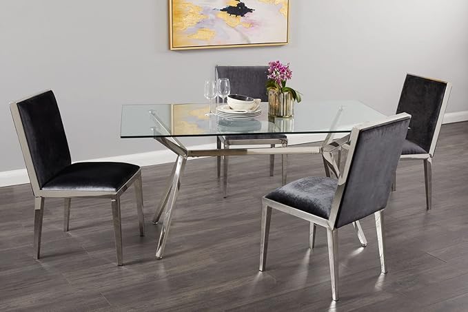 Uptown Club Glass Dining Table with Versatile Rectangular Designs, Tempered Surfaces, and Sturdy Bases for Modern Homes, Seats 4 to 8 People, Elegant Statement Piece, 36" x 63", Silver - LeafyLoom