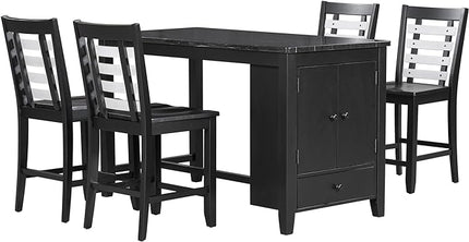 5-Piece Counter Height Wood Dining Table Set with Faux Marble Tabletop, Storage Cabinet and Drawer & 4 Matching Chairs, Black - LeafyLoom