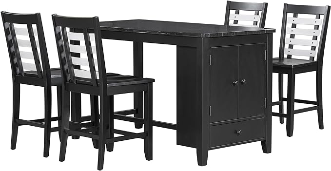 5-Piece Counter Height Wood Dining Table Set with Faux Marble Tabletop, Storage Cabinet and Drawer & 4 Matching Chairs, Black - LeafyLoom