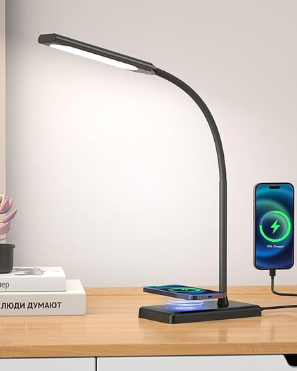 KEXIN LED Desk Touch Lamp with Wireless Charging & USB Charging Table Lamp 5 Color Modes 6 Brightness Levels Eye-Caring Gooseneck Desk Lamp for Home Office with Memory Function 1h Timer Bedside Lamp - LeafyLoom