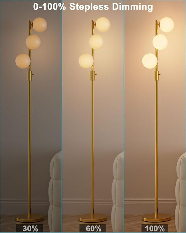 Lightdot Dimmable (Brightness Adjustable) Globe Floor Lamp, Gold Pole Standing Lamps with 3PCS 3000K G9 Bulbs, Mid Century Modern Floor Lamp for Living Room - LeafyLoom