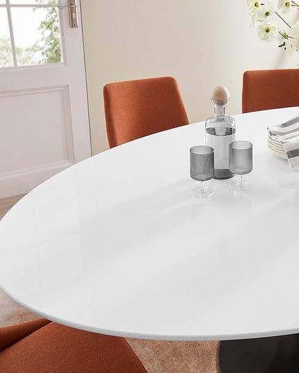 Modway Lippa 78" Oval-Shaped Mid-Century Modern Dining Table with White Wood Top and Black Base - LeafyLoom