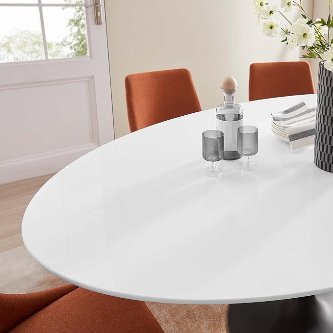 Modway Lippa 78" Oval-Shaped Mid-Century Modern Dining Table with White Wood Top and Black Base - LeafyLoom