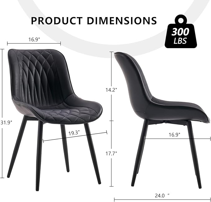YOUNIKE Black Dining Chairs set of 2 with High Backs Mid Century Modern Kitchen & Dining Room Chairs PU Faux Leather Upholstered sillas de comedor Comfortable Large Padded Accent Chair with Metal Legs - LeafyLoom