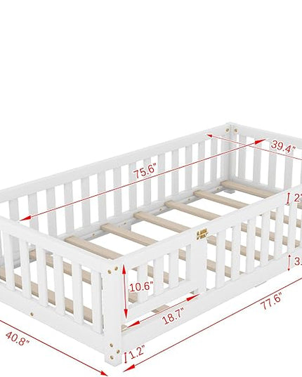 Multifunctional Twin Size Floor Bed with Safety Guardrails and Door, Removable Wood Slats, Montessori Beds Frame for Toddlers, for Boys and Girls, White - LeafyLoom