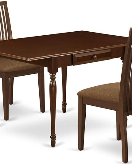 East West Furniture Monza 3 Piece Room Furniture Set Contains a Rectangle Kitchen Table with Dropleaf and 2 Linen Fabric Upholstered Dining Chairs, 36x54 Inch, Mahogany - LeafyLoom