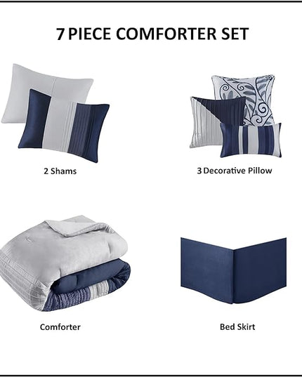 Madison Park Amherst Faux Silk Comforter Set-Casual Contemporary Design All Season Down Alternative Bedding, Matching Shams, Bedskirt, Decorative Pillows, King(104"x92"), Navy, 7 Piece (MP10-2208) - LeafyLoom