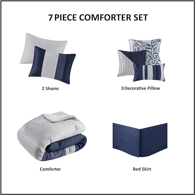 Madison Park Amherst Faux Silk Comforter Set-Casual Contemporary Design All Season Down Alternative Bedding, Matching Shams, Bedskirt, Decorative Pillows, King(104"x92"), Navy, 7 Piece (MP10-2208) - LeafyLoom