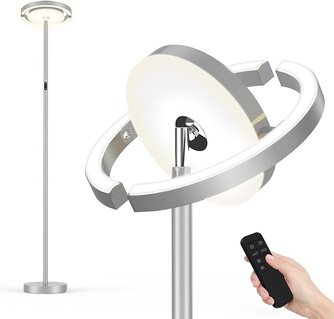 FIMEI Floor Lamp for Living Room, Saturn Ring Original Design, LED Bright Rotatable Modern Floor Lamp, Stepless Dimming and 3 Color Temperatures, Touch/Remote Control, for Bedroom Office, Gray - LeafyLoom