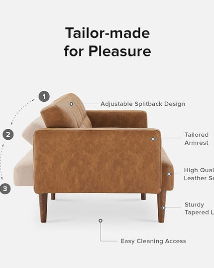 mopio Aaron Couch, Small Sofa, Futon, Sofa Bed, Sleeper Sofa, Loveseat, Mid Century Modern Futon Couch, Sofa Cama, Couches for Living Room, Bedroom (Pecan Brown, Faux Leather) - LeafyLoom