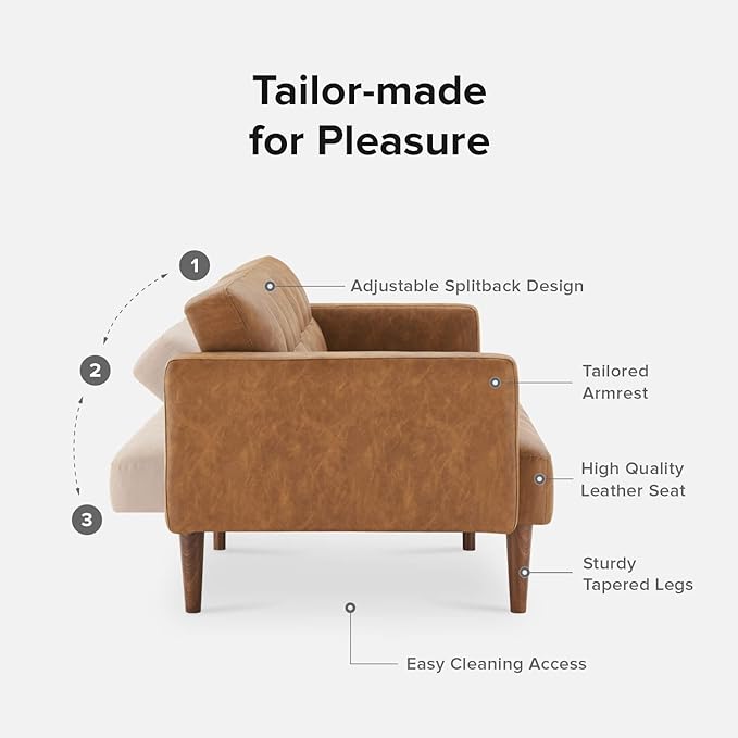 mopio Aaron Couch, Small Sofa, Futon, Sofa Bed, Sleeper Sofa, Loveseat, Mid Century Modern Futon Couch, Sofa Cama, Couches for Living Room, Bedroom (Pecan Brown, Faux Leather) - LeafyLoom
