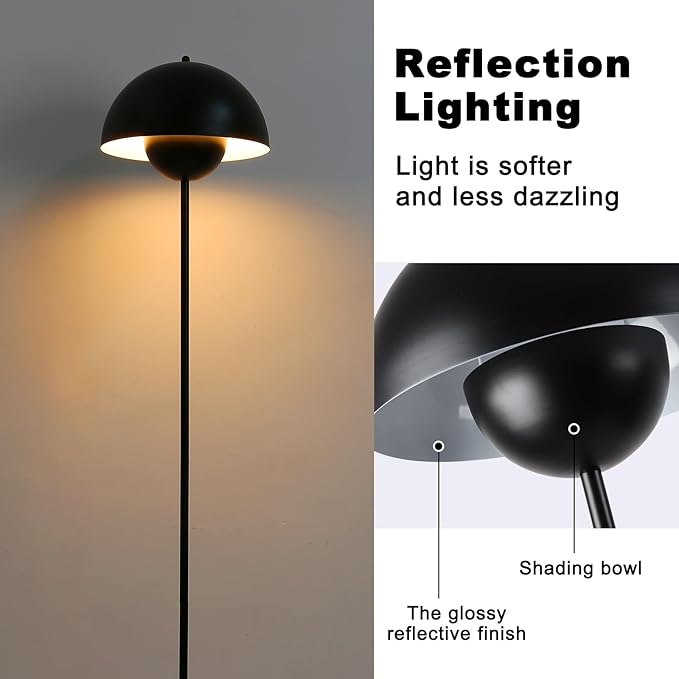 Modern Floor Lamp for Bedroom, 63'' Industrial Corner Floor Lamp for Living Room, Metal Arched Shade Tall Standing Lamp for Office, Reflecting Light Reading Floor Lamp, Black - LeafyLoom