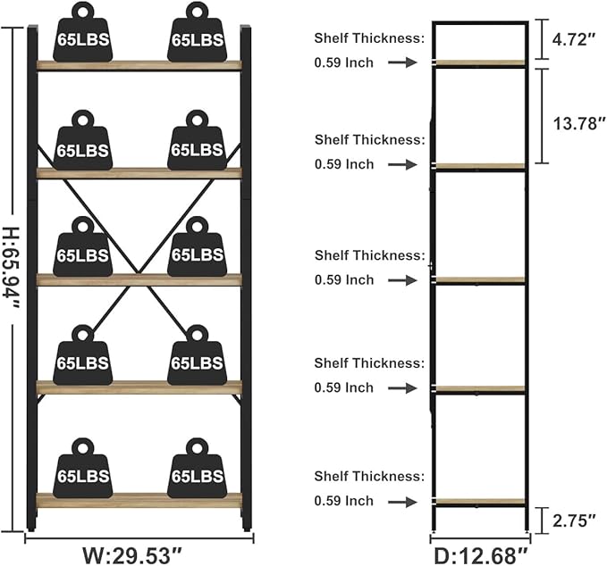 FATORRI 5 Tier Bookshelf, Industrial Wood and Metal Book Shelves for Display, Tall Etagere Bookcase and Rustic Shelving Unit (Rustic Oak) - LeafyLoom