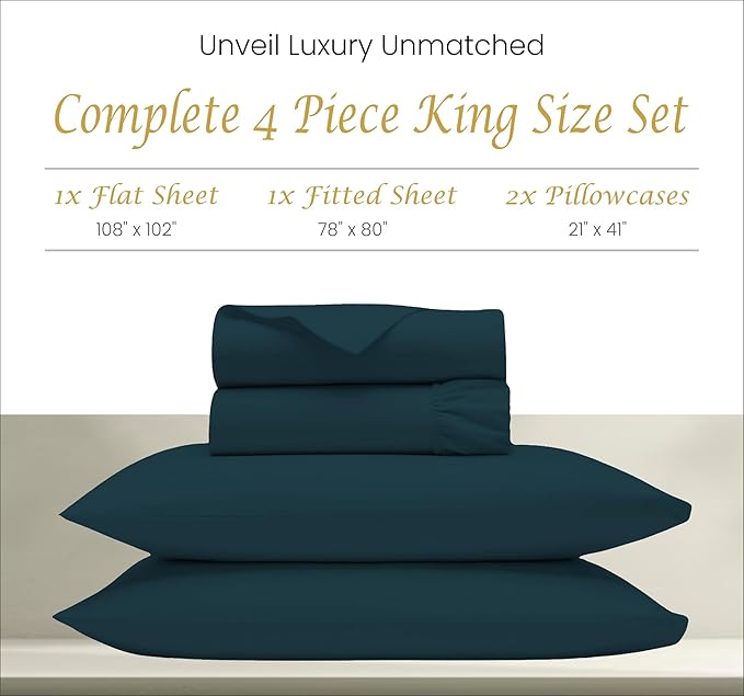 Bluemoon Homes 1000 TC King Size 4 Pc Sheet Set - 100% Egyptian Cotton King Size Bed Sheets - Breathable & Cooling Hotel Luxury Bedding Set - 18" Deep Pockets, King Sheets - Teal Color Bed Sheet Set - LeafyLoom