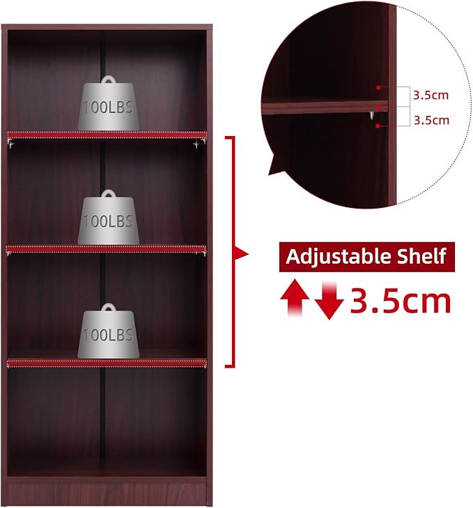 Sunon 4 Shelf Wood Bookcase Freestanding Display Shelf Adjustable Layers Bookshelf for Home Office Library Small Narrow Space (Mahogany, 4-Layers) - LeafyLoom