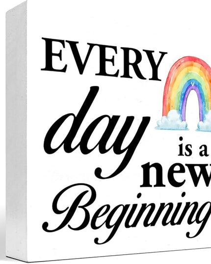Positive Wood Box Sign Desk Decor,Every Day is a Fresh Beginning Wood Plaque Signs,Rustic Inspirational Wooden Block Sign Decor for Home Office Shelf Table Decoration C1076 - LeafyLoom