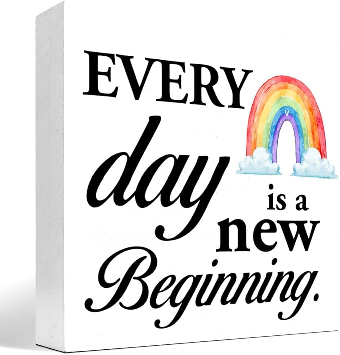 Positive Wood Box Sign Desk Decor,Every Day is a Fresh Beginning Wood Plaque Signs,Rustic Inspirational Wooden Block Sign Decor for Home Office Shelf Table Decoration C1076 - LeafyLoom